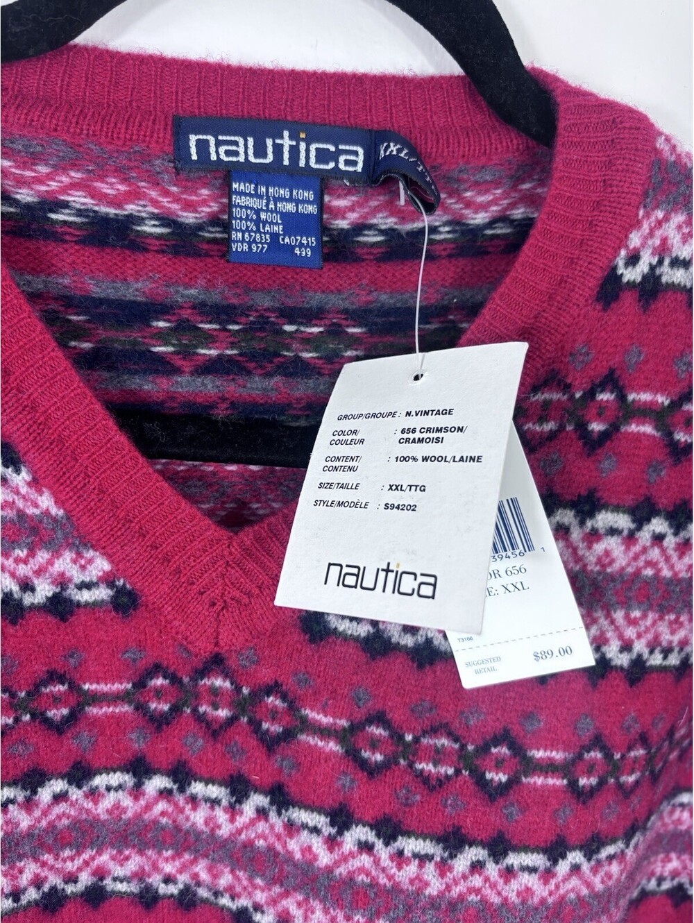Nautica Men's Wool Geometric Knit V-Neck Pullover Sweater XXL Vintage Style - Picture 3 of 8